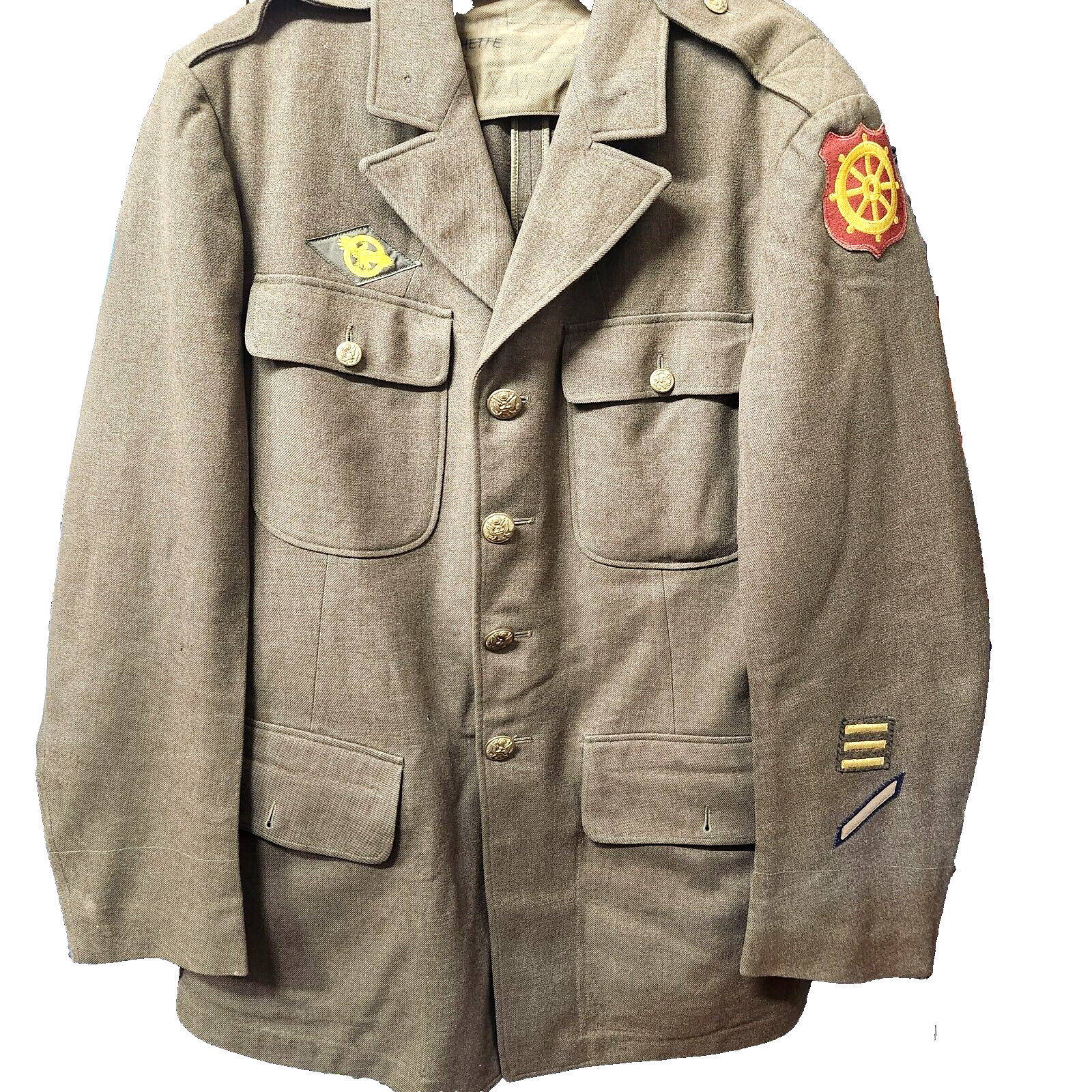 WWII Wool Blazer Jacket US Army Green Uniform 1940s Ports Embarking Wheel  38R