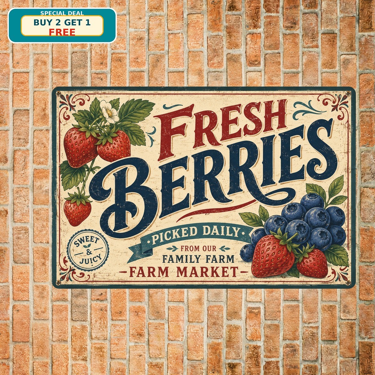 Fresh Berries Country Orchard Fruit Grocery Market Kitchen Metal Tin Sign Plaque