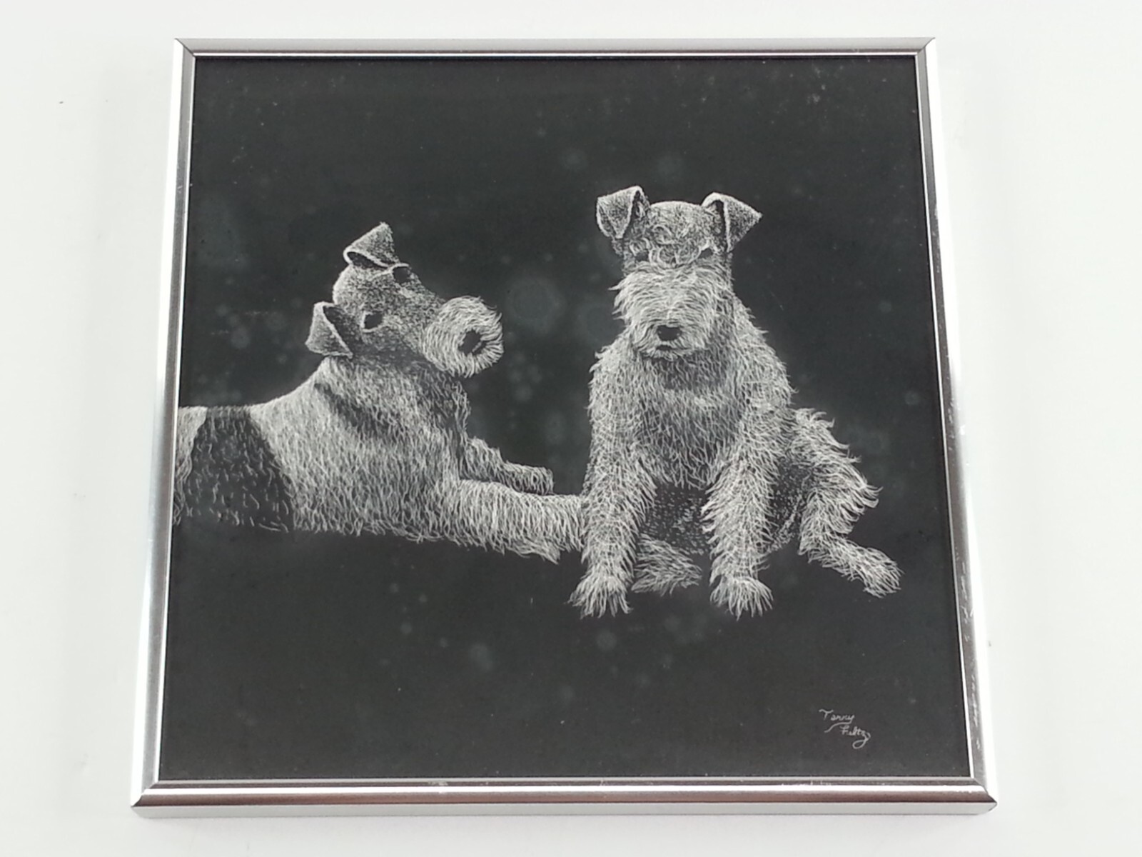Vintage Framed Wire Fox Terrier Design Dog Art Signed Terry Fultz As -is