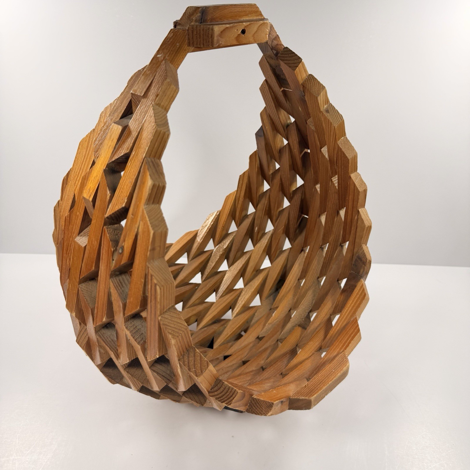 Vtg MCM Wood Block Table Basket Planter Boho Brutalist Natural Wood Slats Oval