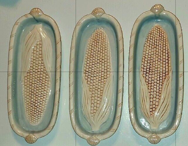 Vintage Ceramic Corn On The Cob Serving Dish/Plate Holders~ Set of 3 ~Ships Free