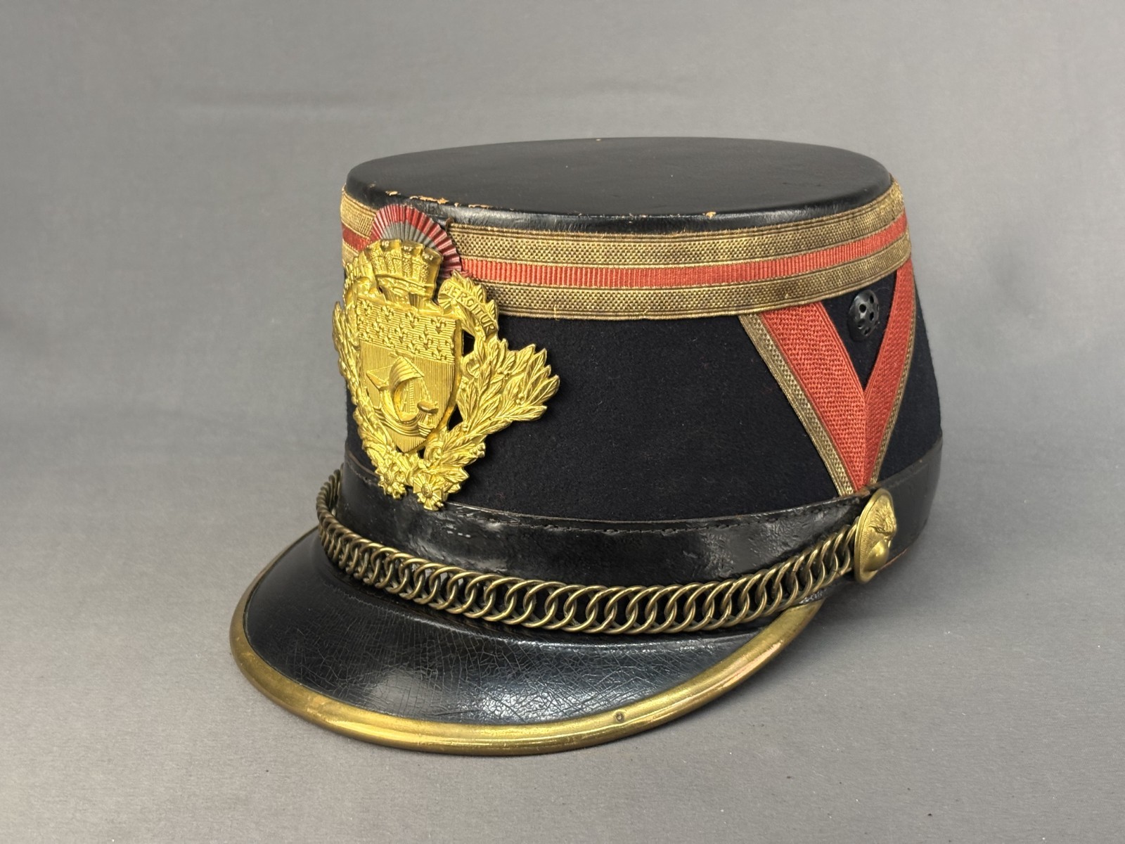 Original French Model 1931 Republican Guard Shako, W/Liner & Chinstrap Original French Model 1931 Republican Guard Shako, W/Liner & Chinstrap