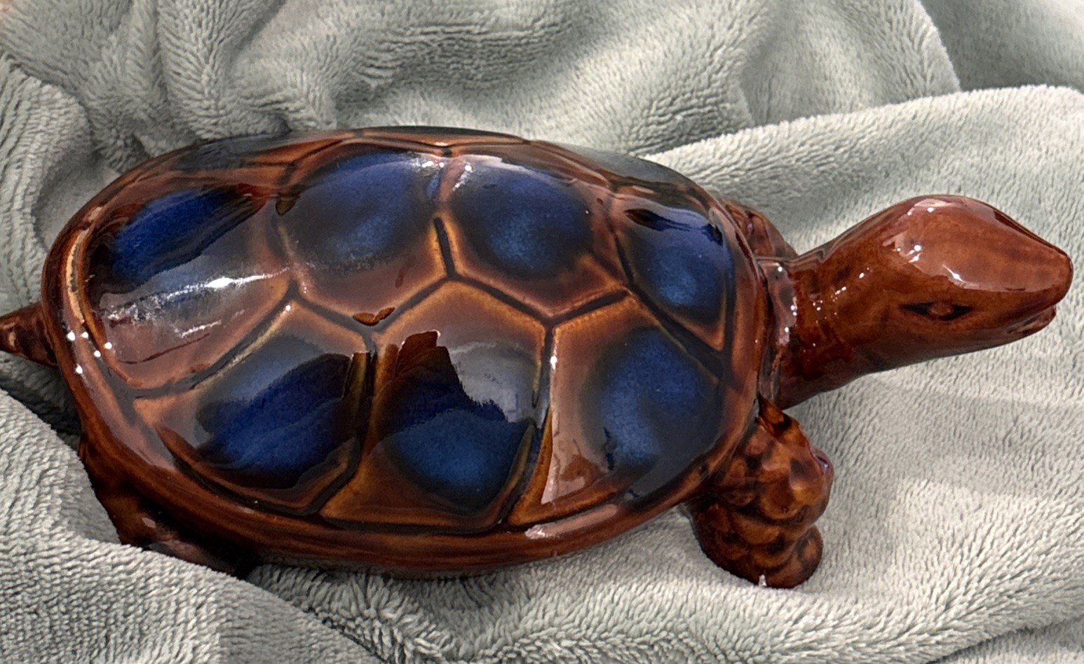 Gorgeous Vtg Mid-Century Ceramic Turtle Figurine Drip Glaze Tortoiseshell & Blue