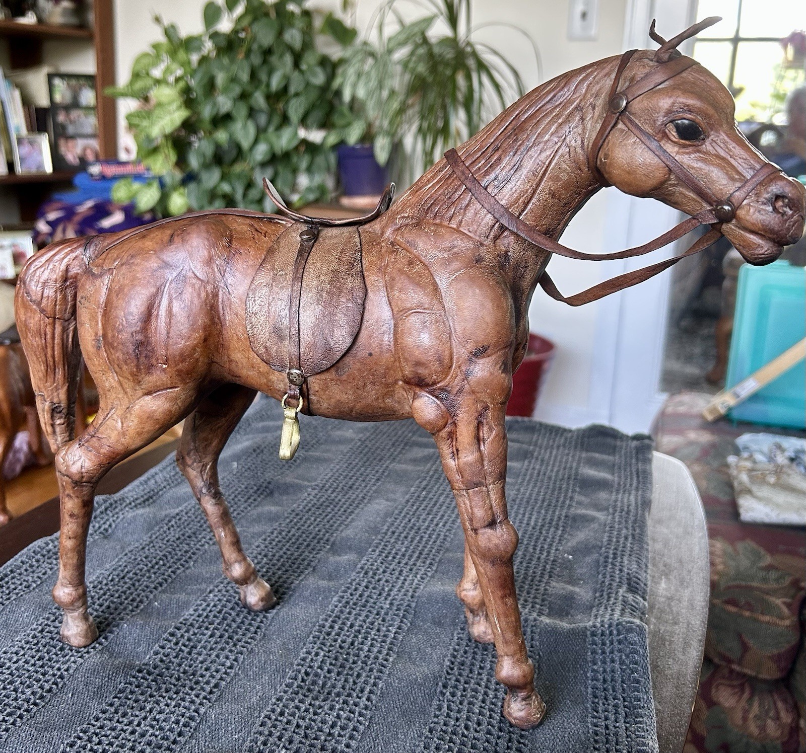 Vintage Leather Wrapped Horse Statue Figurine 12” Glass Eyes W/ Saddle/ Stirrups