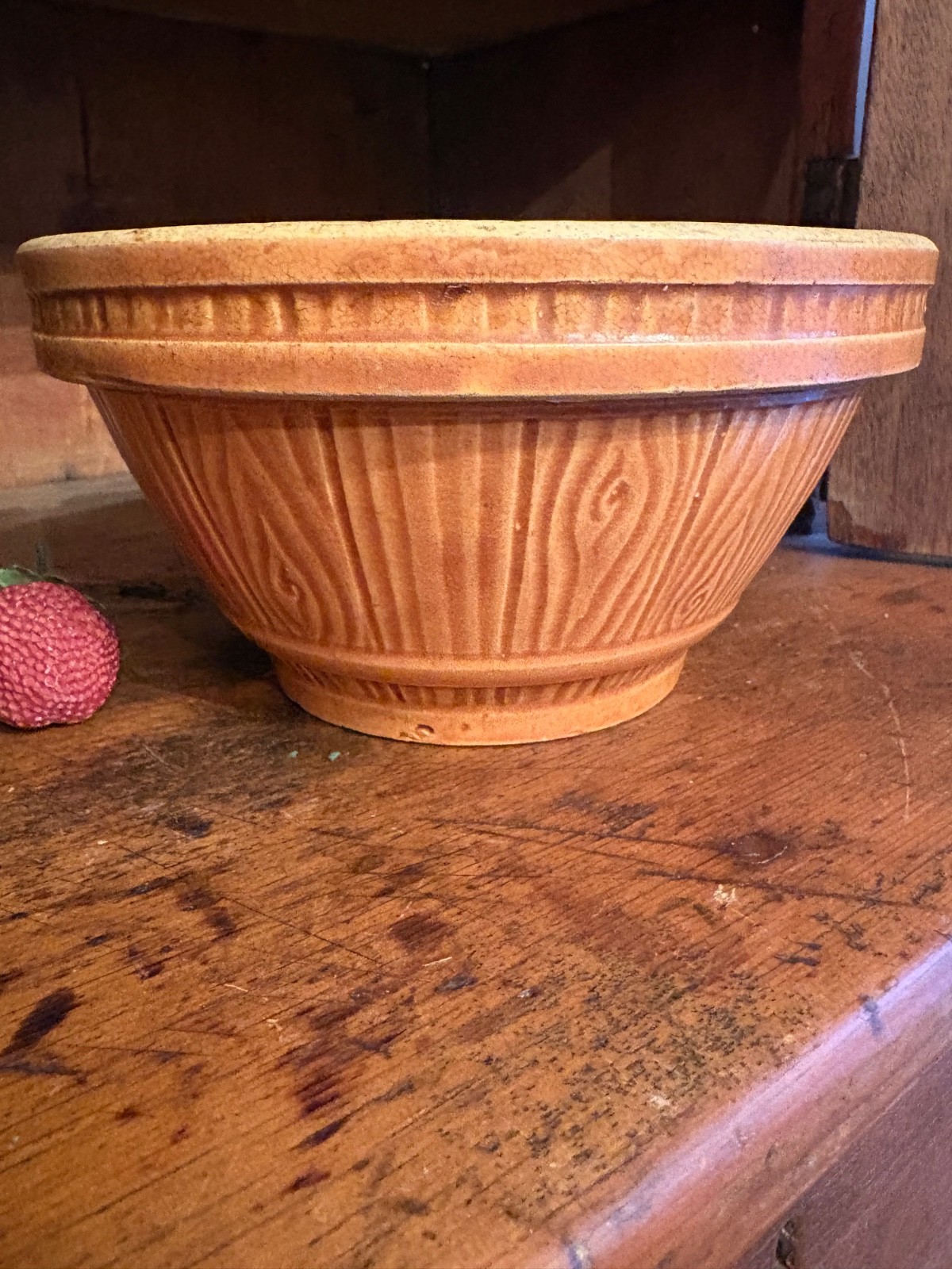 ATQ/VTG Stoneware / Yellowware Brown Glazed Mixing Bowl Embossed Wood Pattern #7