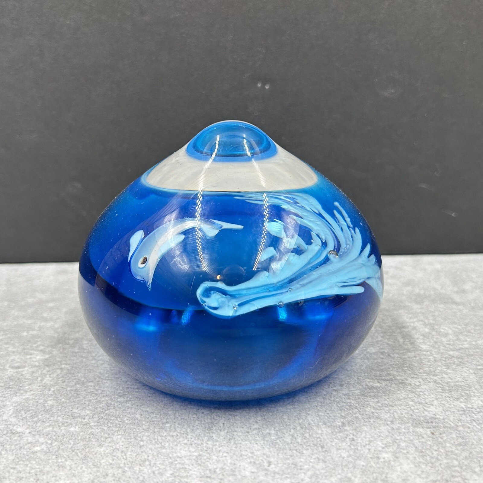 Dolphin Swimming Blue Ocean Wave Art Glass Paperweight Droplet Shape Aquarium