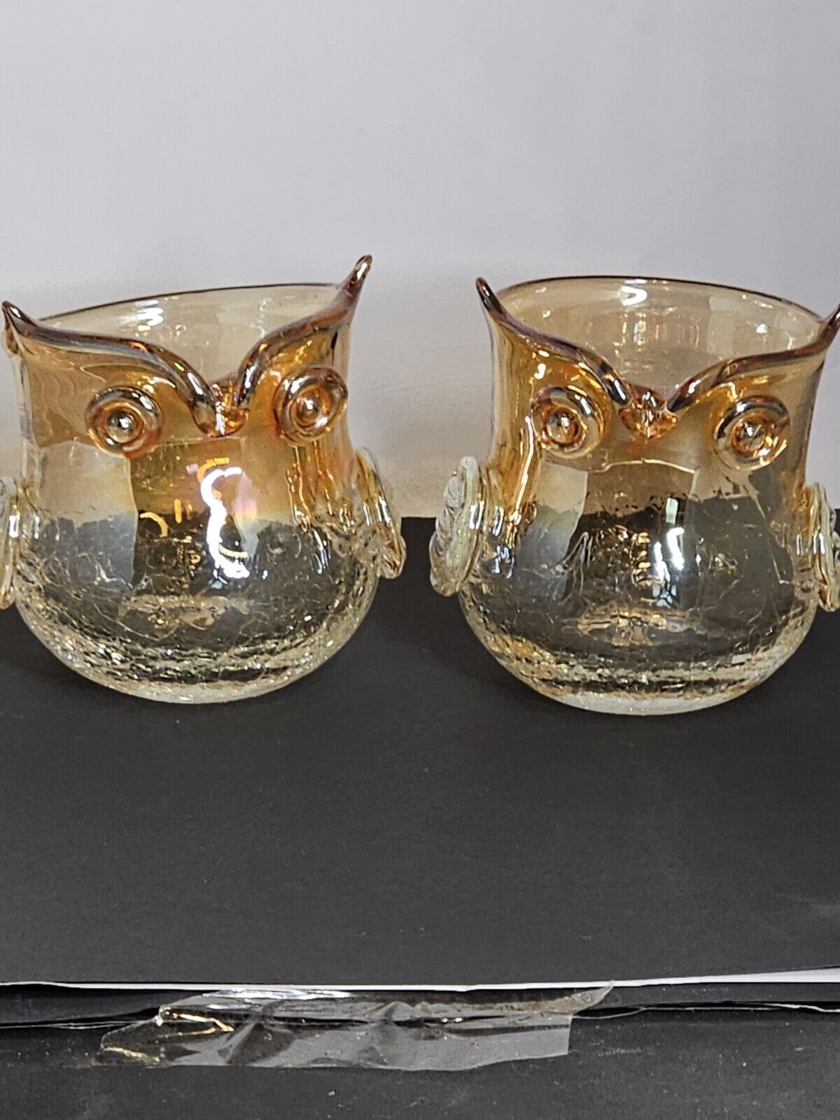 Hand Blown OWL Crackle Glass Candle Holder Clear Amber Carnival Ombre Set Of 2.