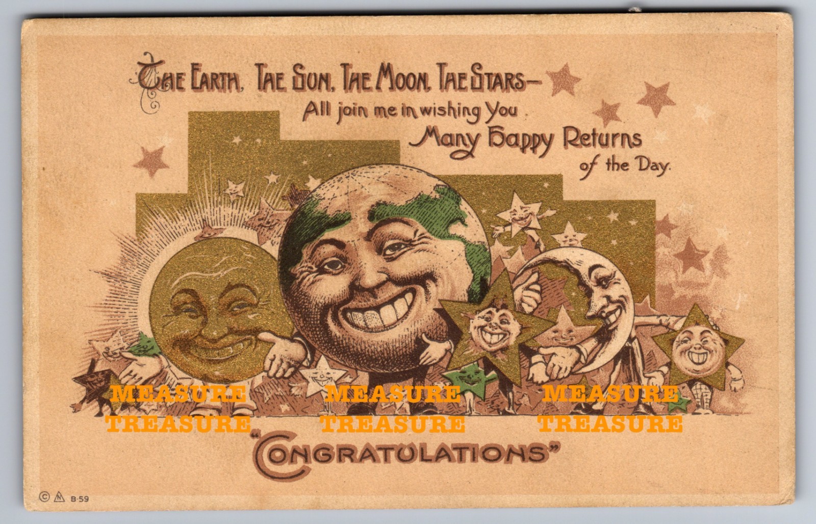 C1910 RARE NASH ANTHROPOMORPHIC MOON STARS GLOBE SUN GILT HOLLIS NH Postcard Q24
