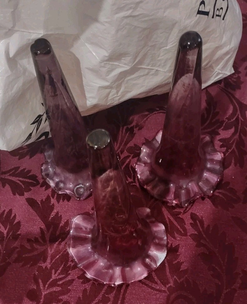 Rare Victorian 3 Three Cranberry Epergne Ruffle Trumpets Swirl Glass Vases VGC