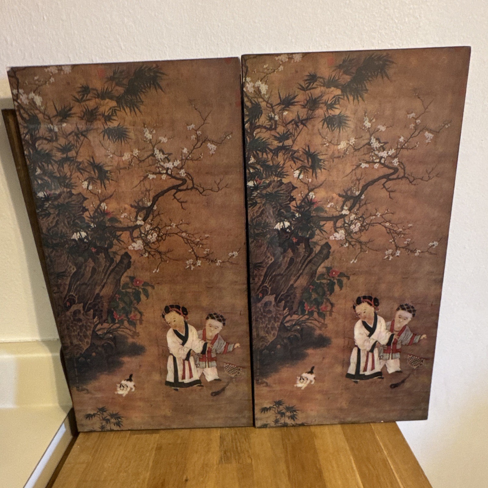 Chinese-Style Painted Wood Panel Pair Wall Art, Children Under Blossom Tree