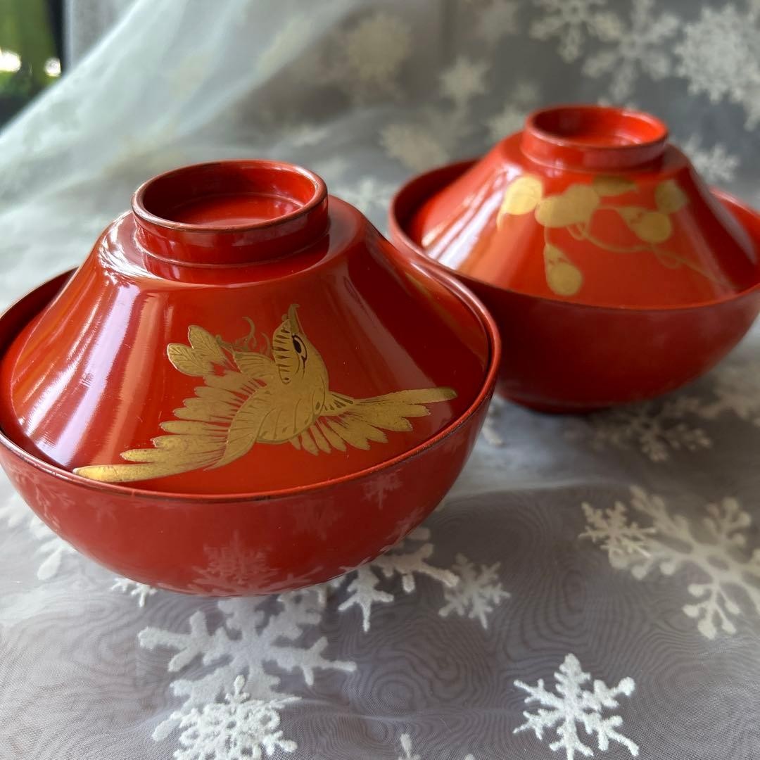 Wajima Lacquerware, Red Fuji Mountain & Crane Natsumi Makie, Antique 2PC Set