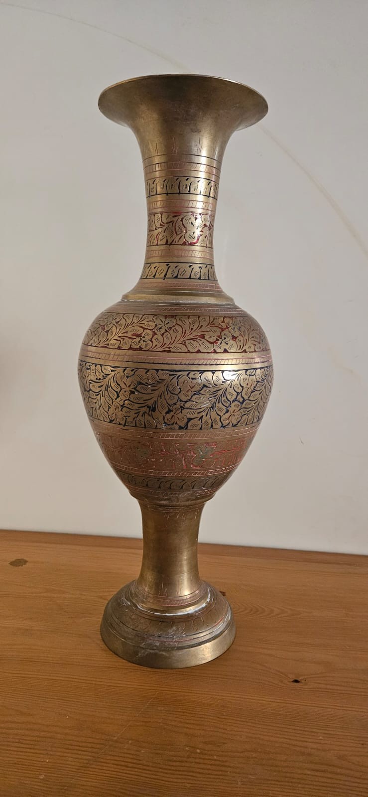 Vintage Hand Engraved Brass Vase Floral Etched Indian Style Decorative Table Top