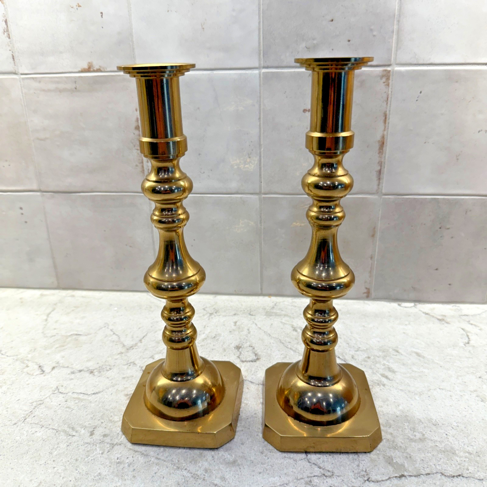 Vintage Venus Solid Brass Candlesticks Pair 10.5
