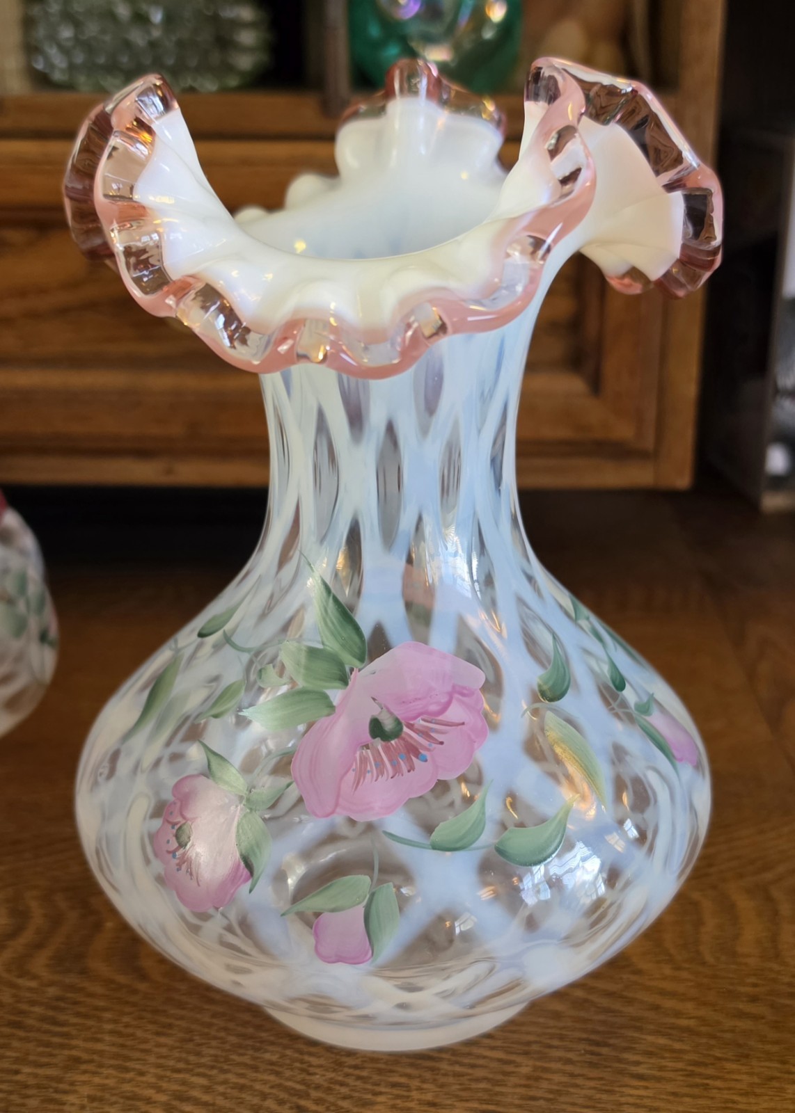 Fenton Dusty Rose Trellis French Opalescent Hand Painted & Signed Vase