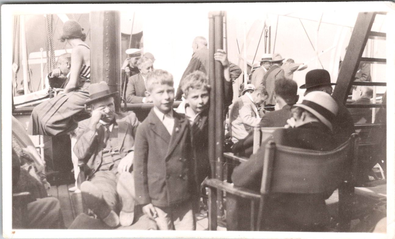 Vtg B&W Snapshot Boys Deck Passengers Ocean Liner Ship Hats 1923