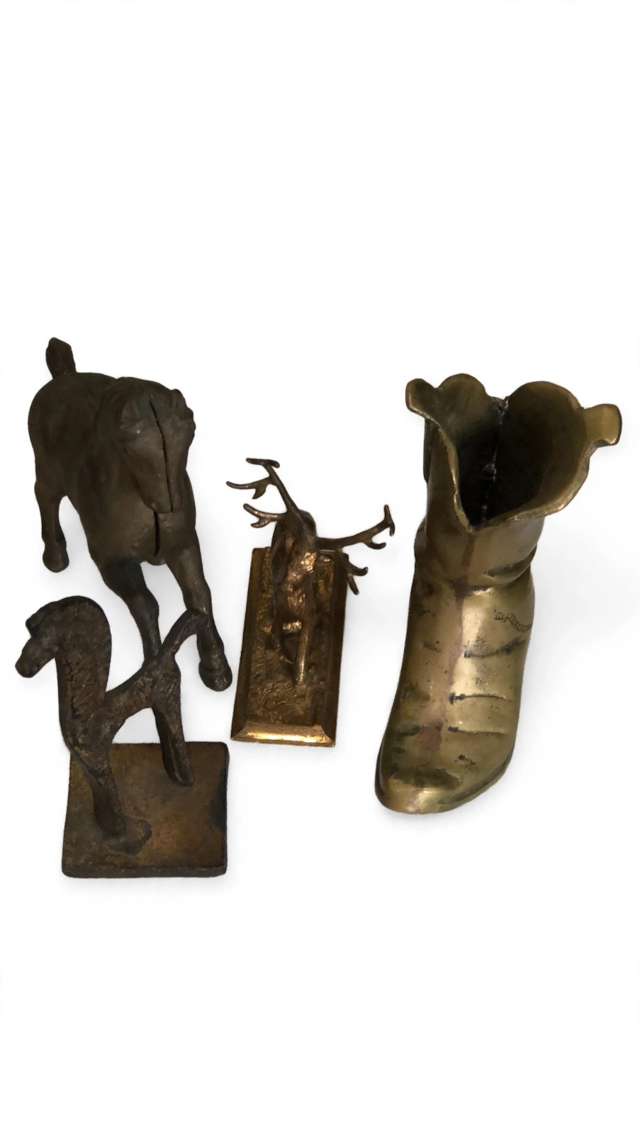 Vintage Brass Lot 4 Deer Giraffe Horse Bank Cowboy Boot Figurines Estate Find