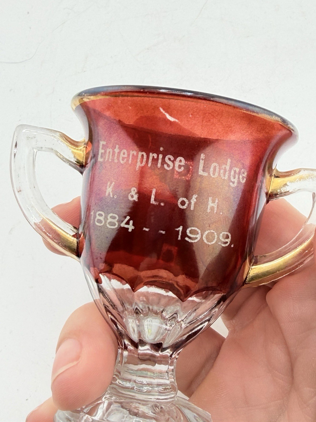 Antique Ruby Flash Glass Enterprise Lodge K & L of H 1884–1909 Loving Cup