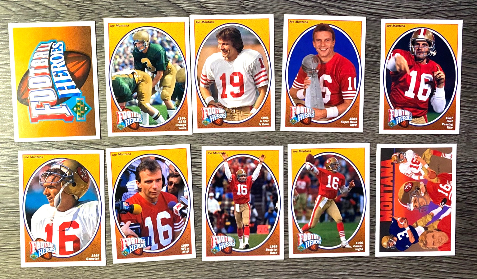 FOOTBALL: JOE MONTANA 1991 UPPER DECK FOOTBALL HEROES COMPLETE SET OF 10 CARDS