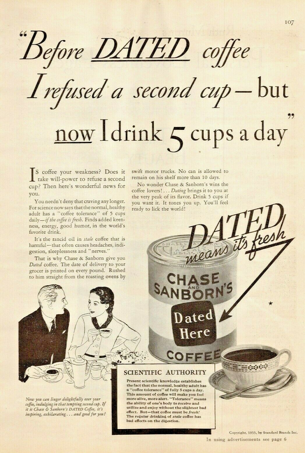 1933 Chase Sanborn Coffee Vintage Print Ad Dated Now I Drink 5 Cups A Day