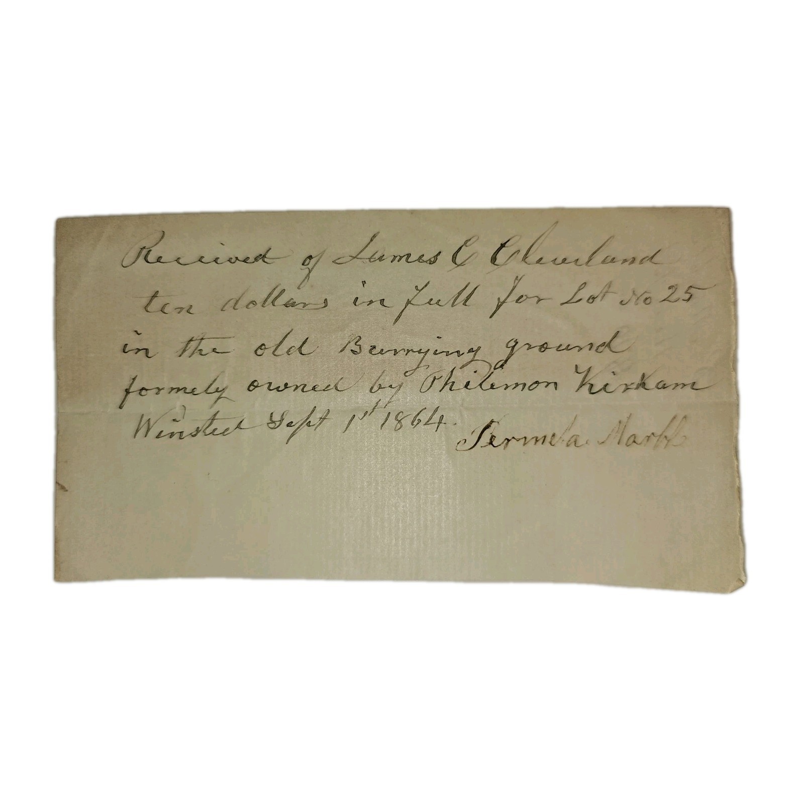 1864 Civil War Era Burial Lot Receipt – Winsted CT Old Burying Ground