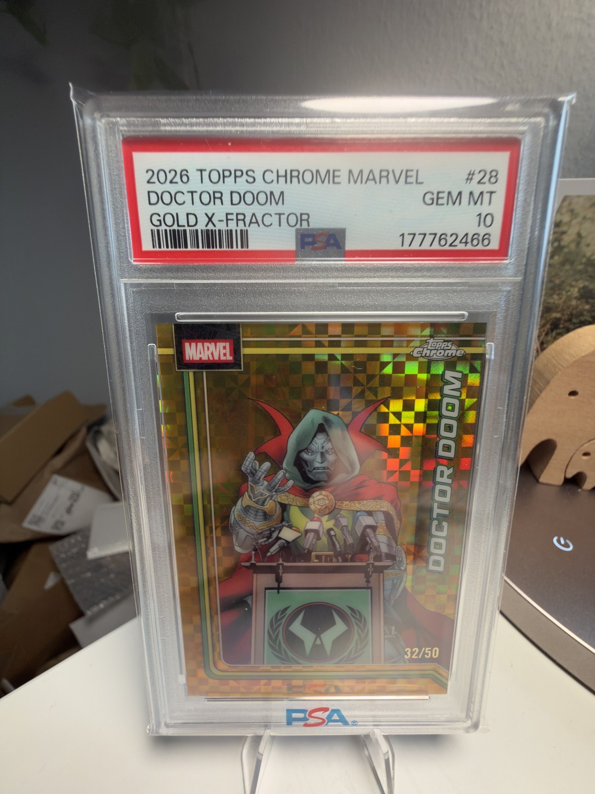 2026 Topps Chrome Marvel Doctor Doom #28 Gold X-Fractor 32/50 PSA 10 Gem Mint 2026 Topps Chrome Marvel Doctor Doom #28 Gold X-Fractor 32/50 PSA 10 Gem Mint