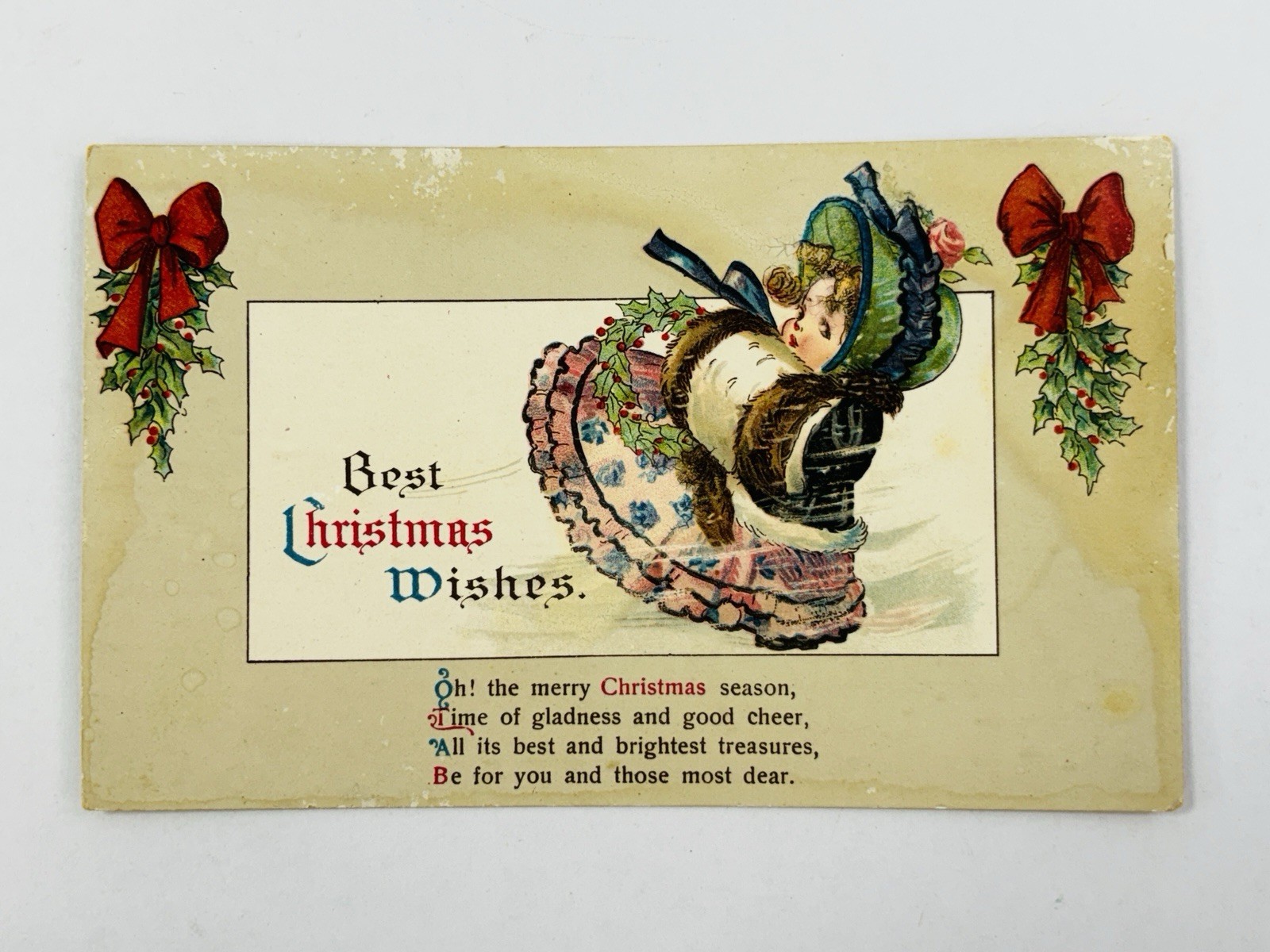 Antique 1910s Best Christmas Wishes Victorian Lady Winter Christmas Postcard