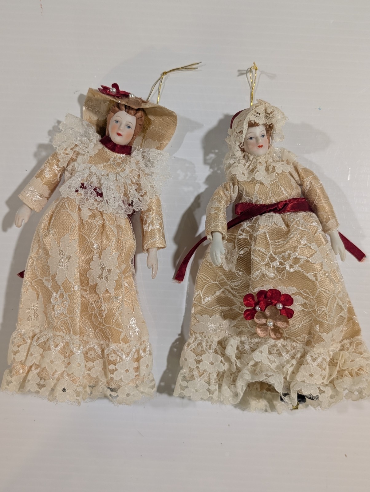 Vintage Victorian Lady Doll Christmas Ornaments Set of 2 Lace Dresses Taiwan