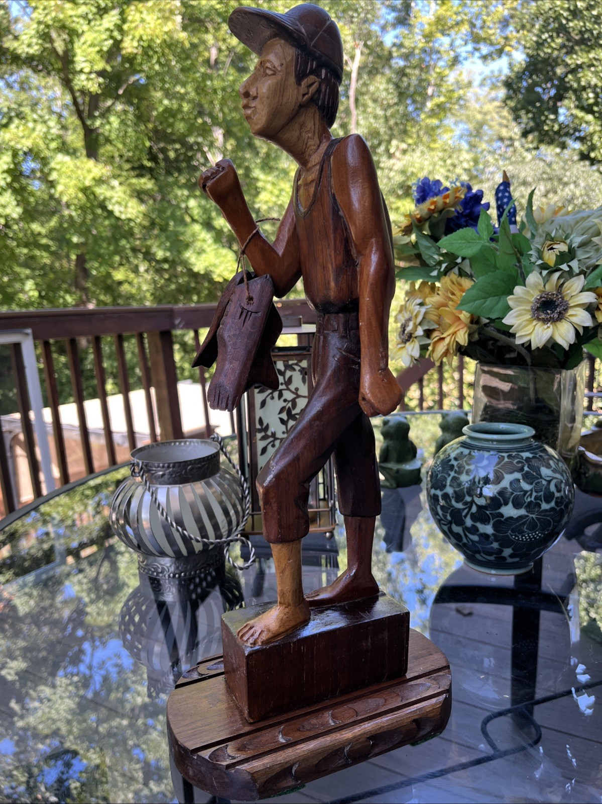 Hand Carved Wooden Fisherman Statue Two Hanging Fish Folk Art Sculpture Oval Bas