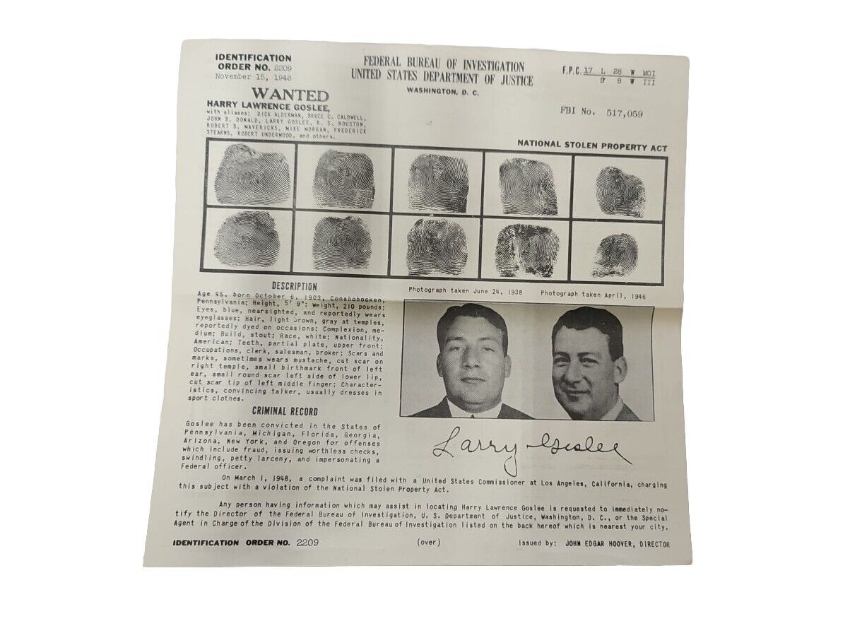 FBI WANTED POSTER  1948 - Harry Lawrence  Goslee - National Stolen Property Act