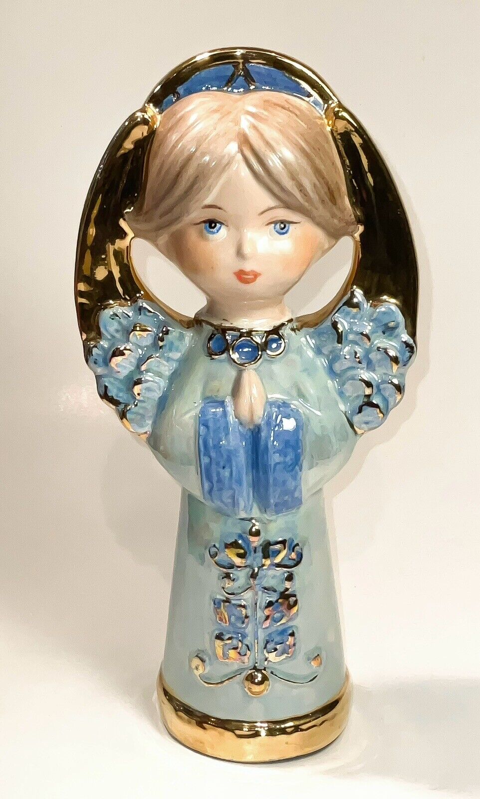 Vintage Pearlescent Blue And Gold Leaf 12” Ceramic Christmas Angel