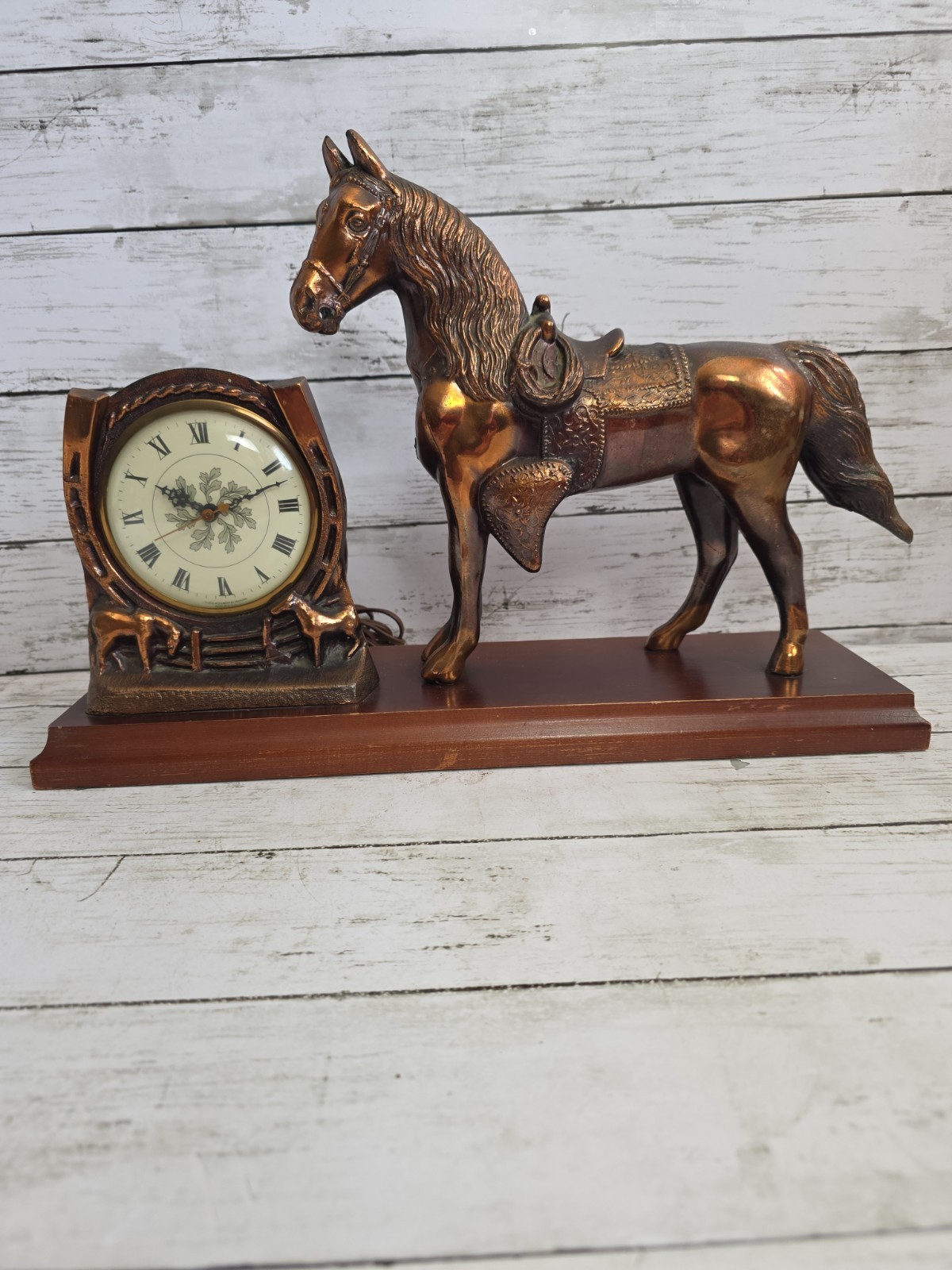 Vintage Bradley Time Corp Metal Horse Clock Horseshoe Mantel Western Mid Century