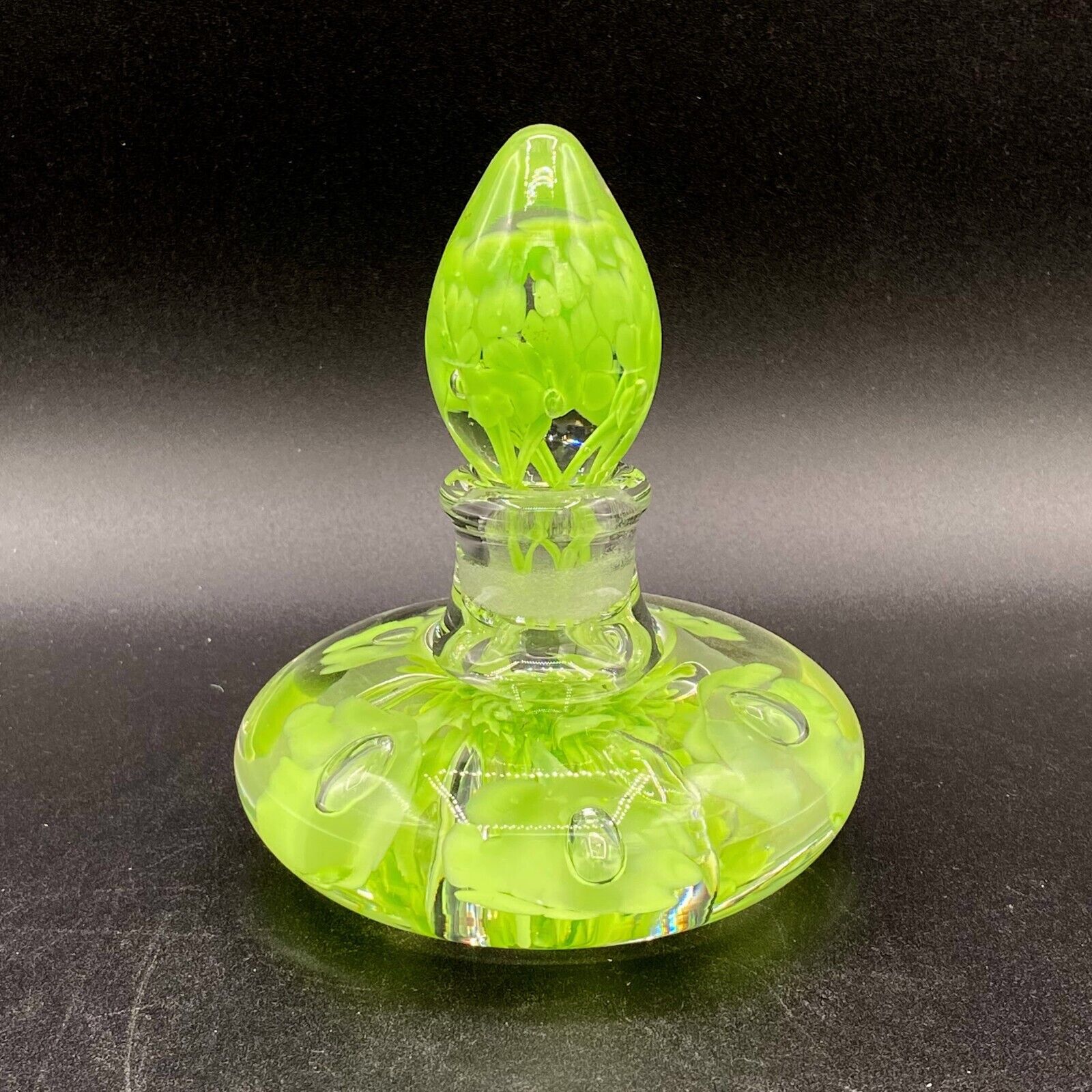 Joe St Clair Glass Perfume Bottle Paperweight Handblown Lime Green Flowers/Clear