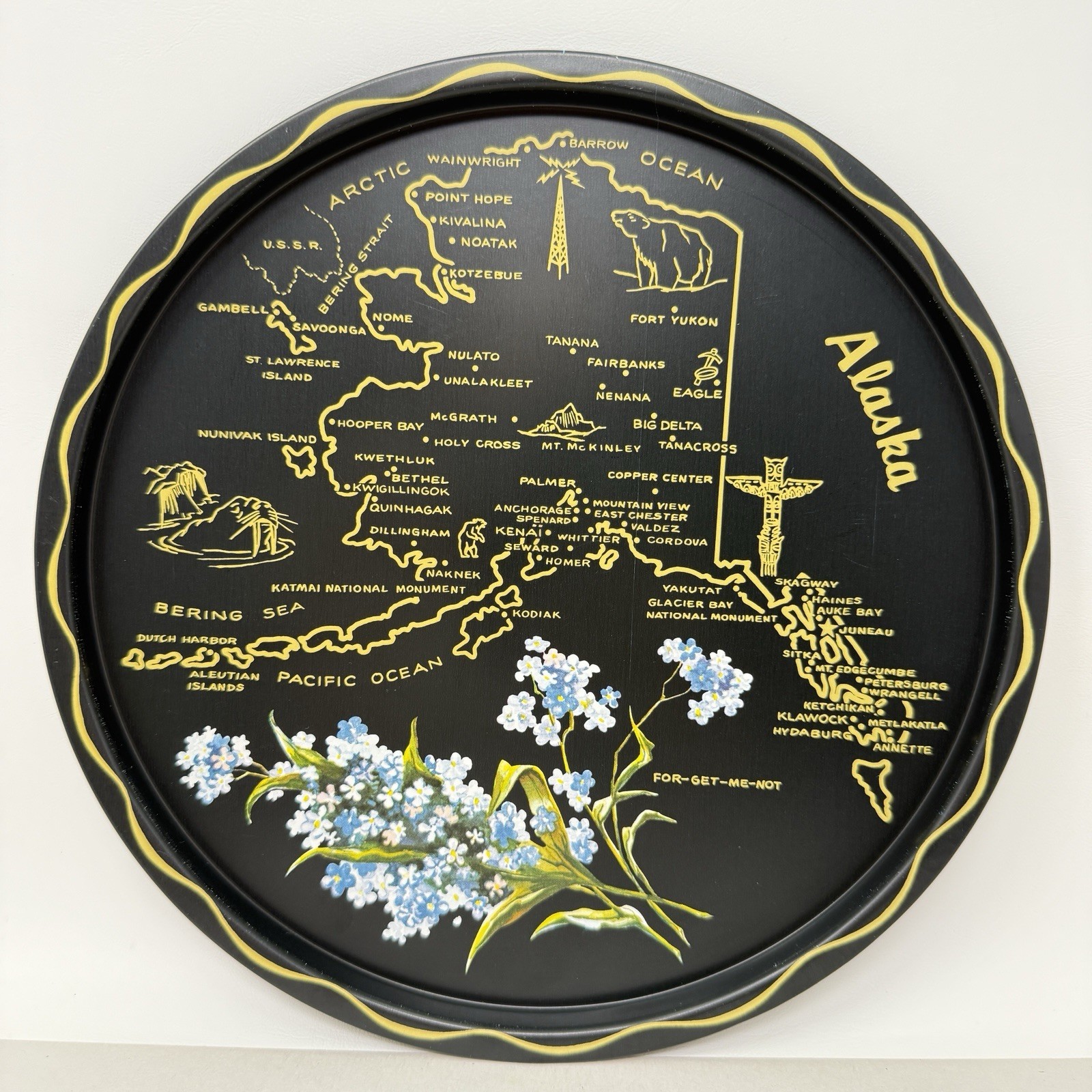 Vintage Alaska State Tray MCM Kitschy Barware Graphic Souvenir Decor Platter Vtg