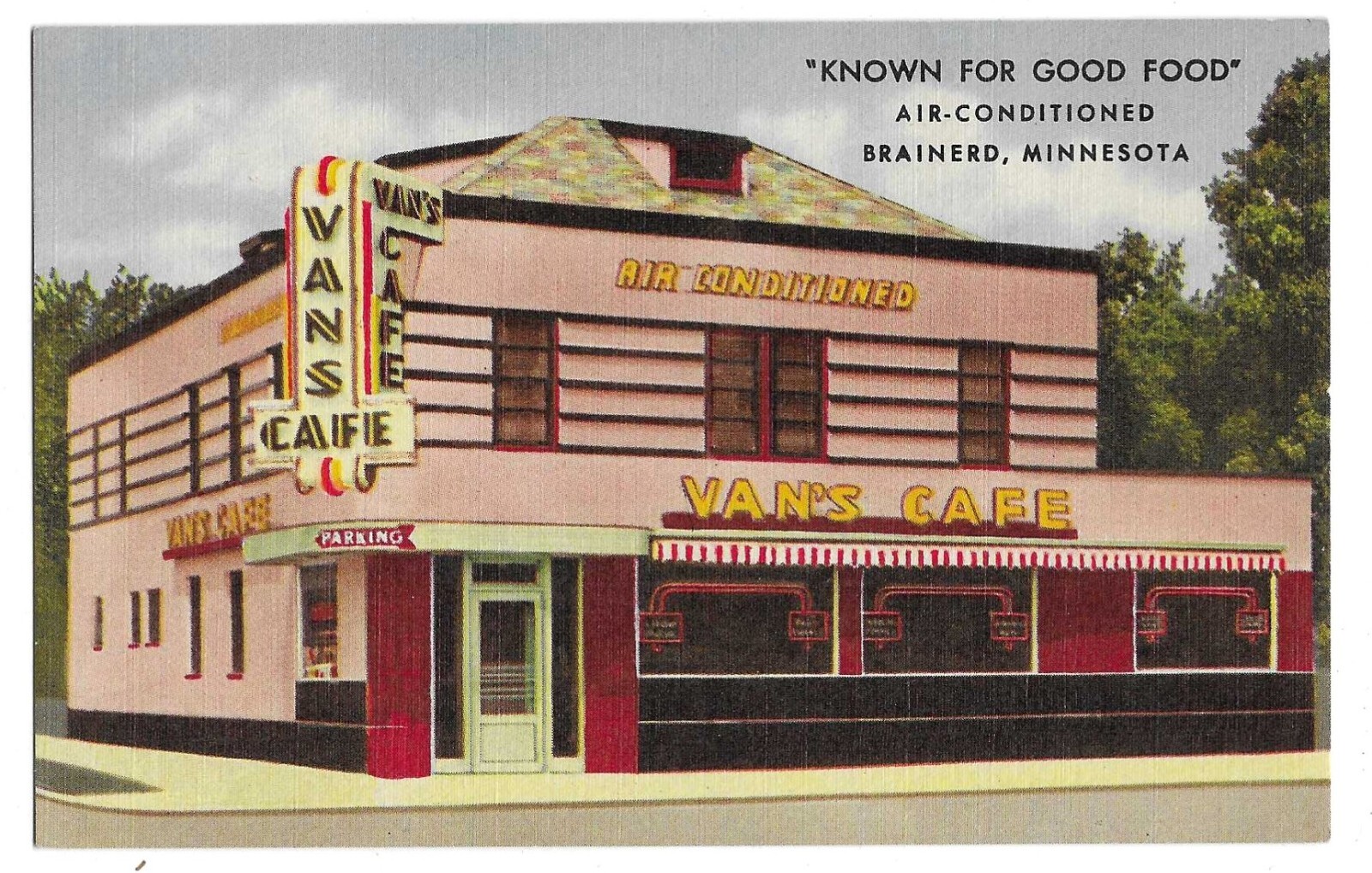 Brainerd, MN Minnesota old Postcard, Van\'s Cafe by Curt Teich