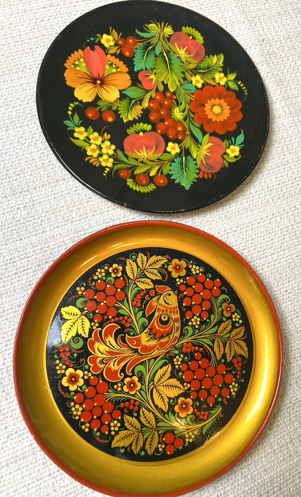 Vtg 2 Art Russian Folk Art Strawberry Bird Wood Plate Wall Hanging Home Decor