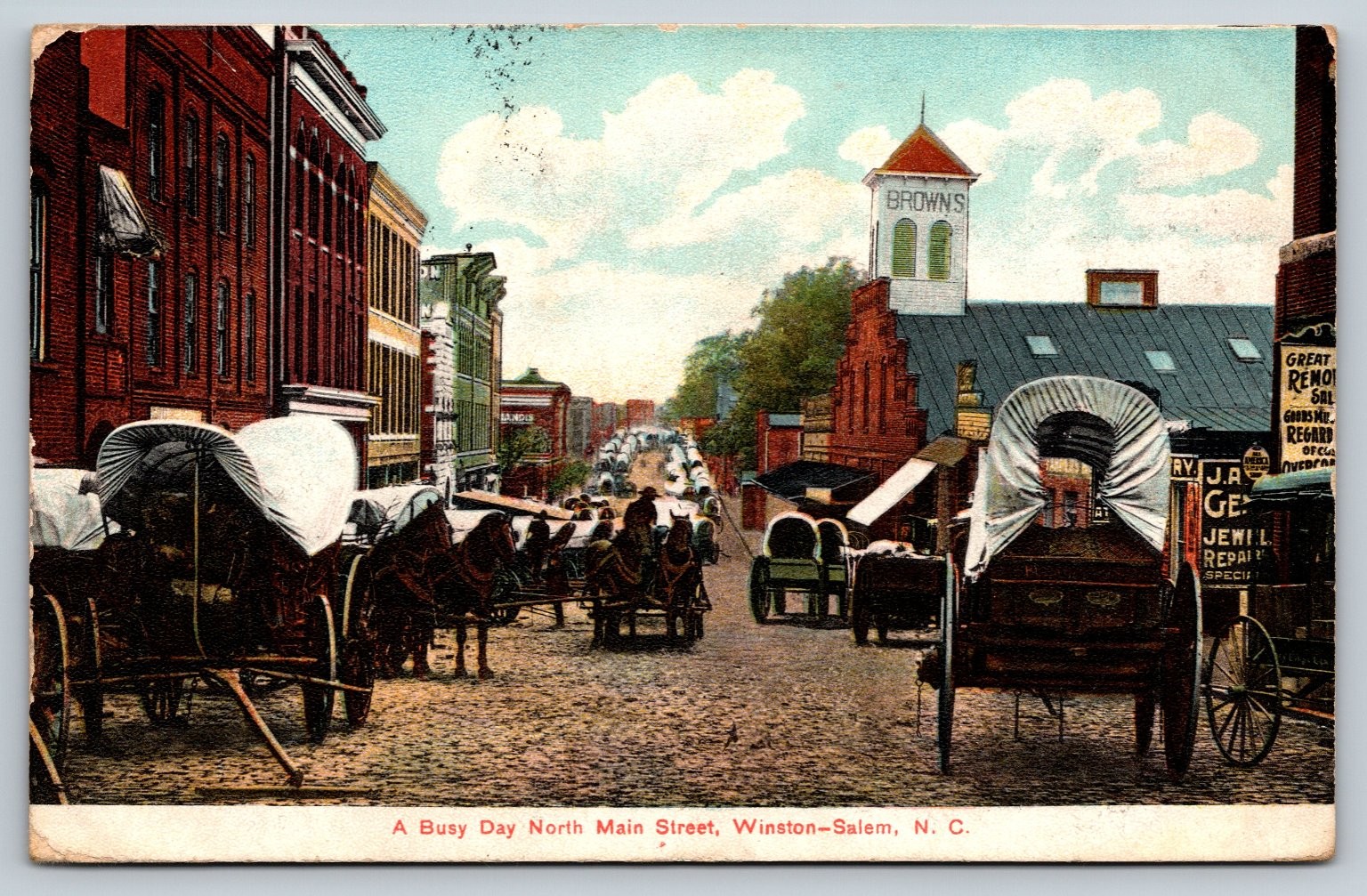 Busy Day On Main Street Winston Salem NC Postcard 1908 Horses Covered Wagons
