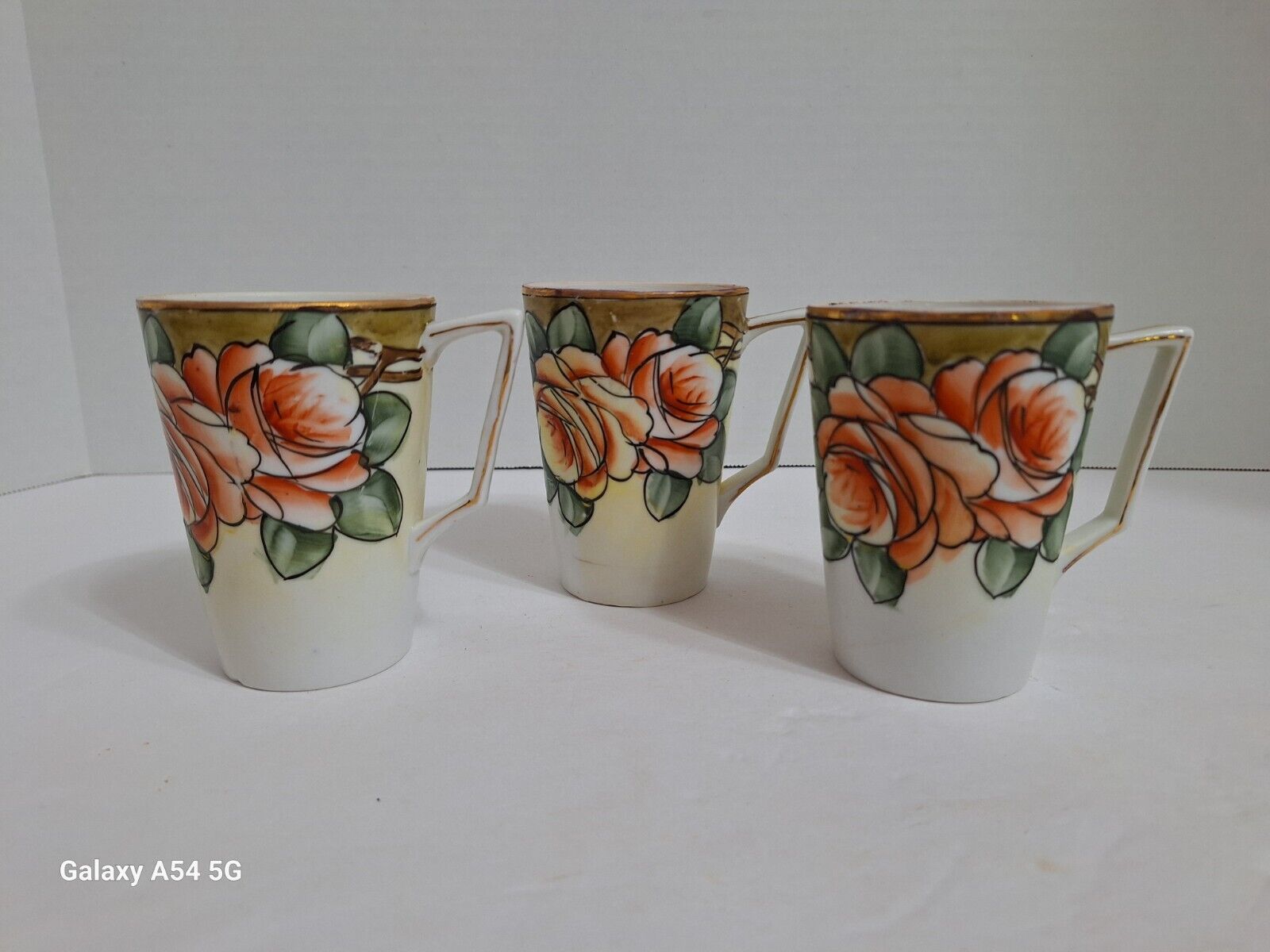 Vintage Nippon Hand Painted Cups Orange Roses Green Leaves (3) 2-TE OH, 1-Nippon
