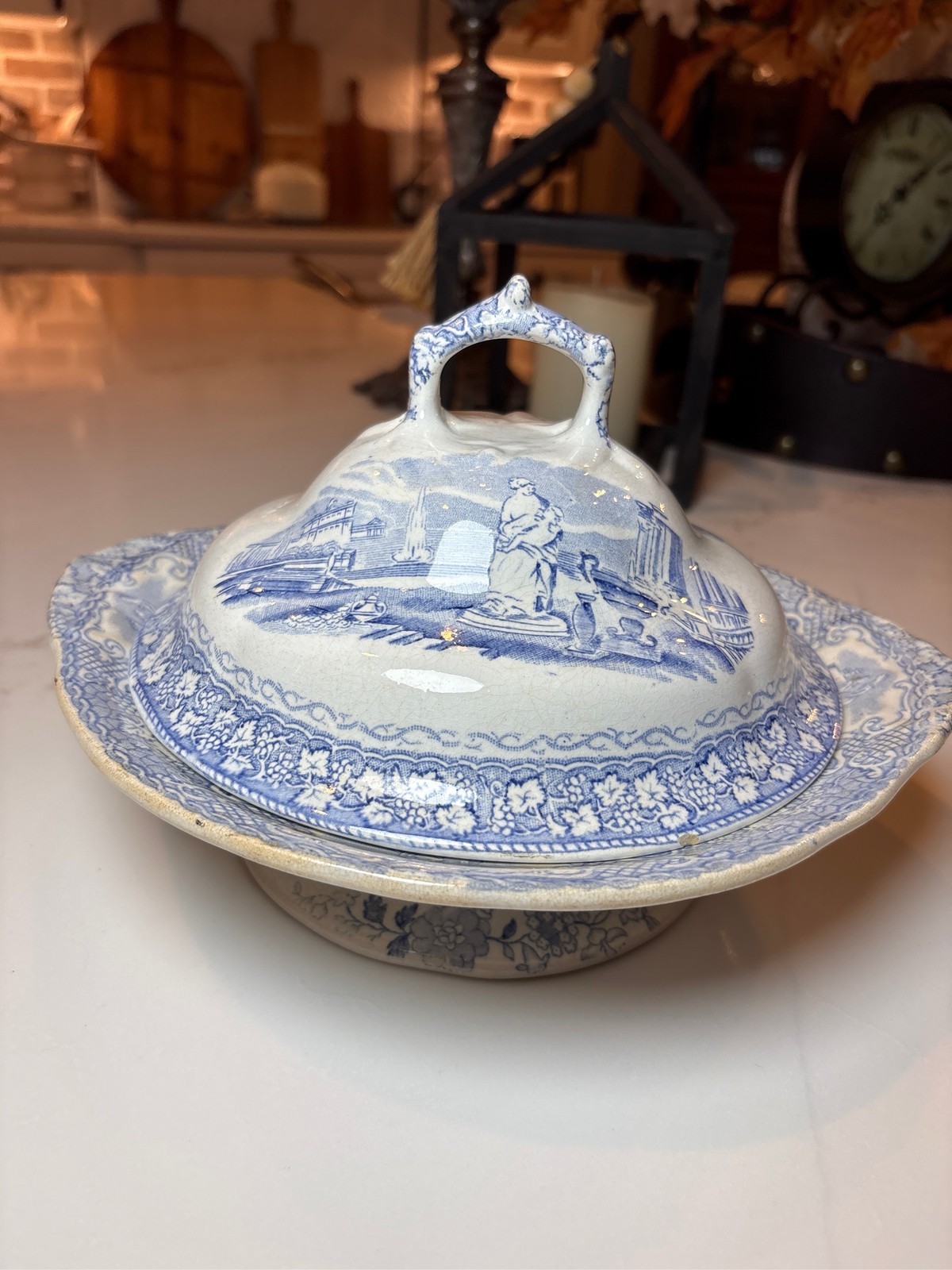 Antique D Methven Verona Tureen w/Lid Kirkcaldy Scotland Blue White Transferware