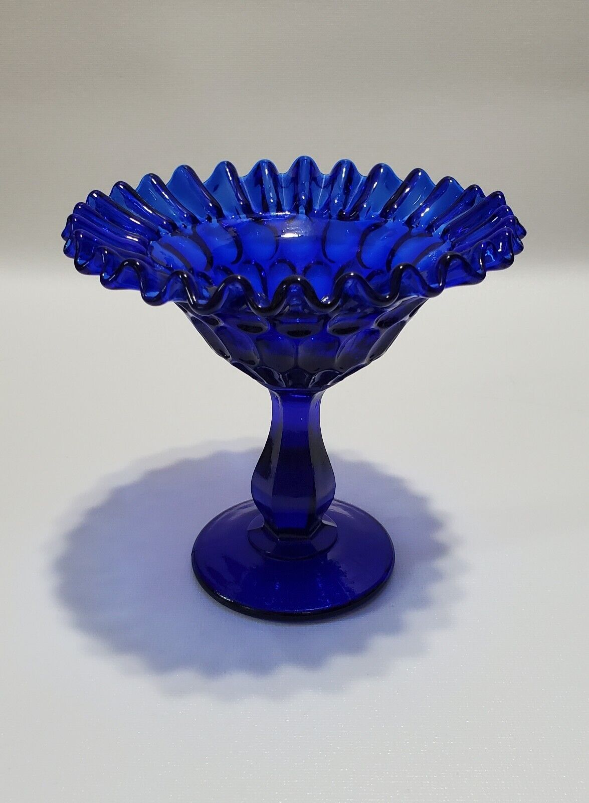 Cobalt Blue Glass Compote, Pedestal Bowl, Fenton Style Thumbprint Ruffled Edge