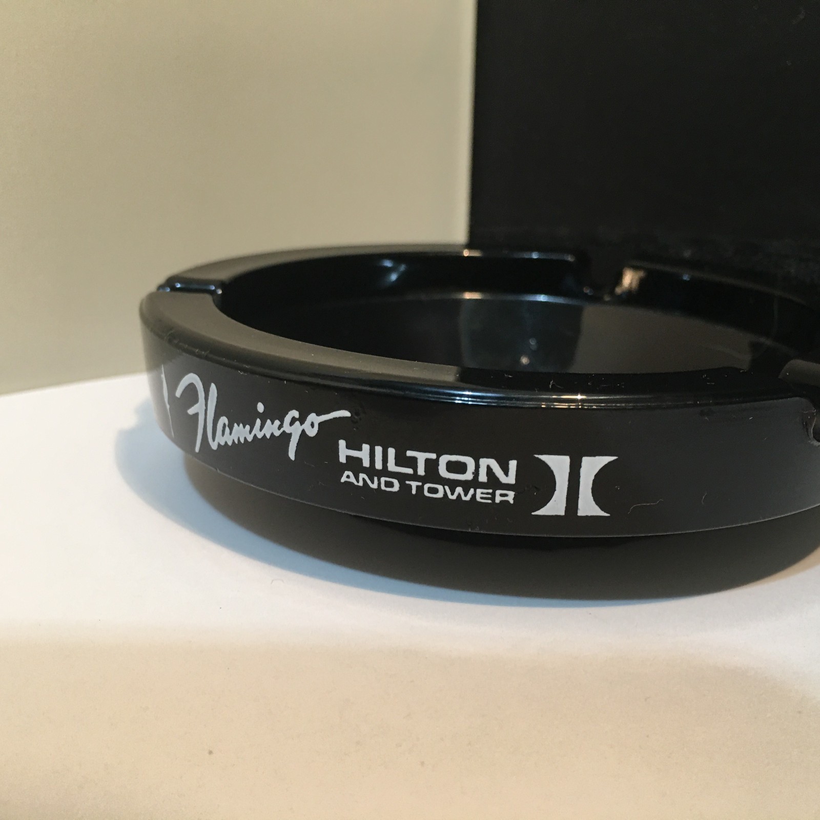 FLAMINGO HILTON and Tower Las Vegas Black Glass Ashtray vtg