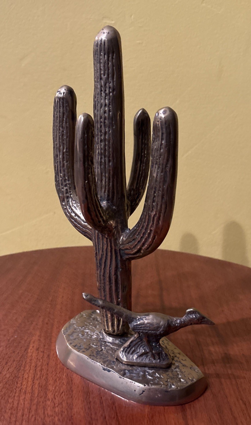 Vintage Saguaro Cactus & Roadrunner Brass Dessert MCM Decor