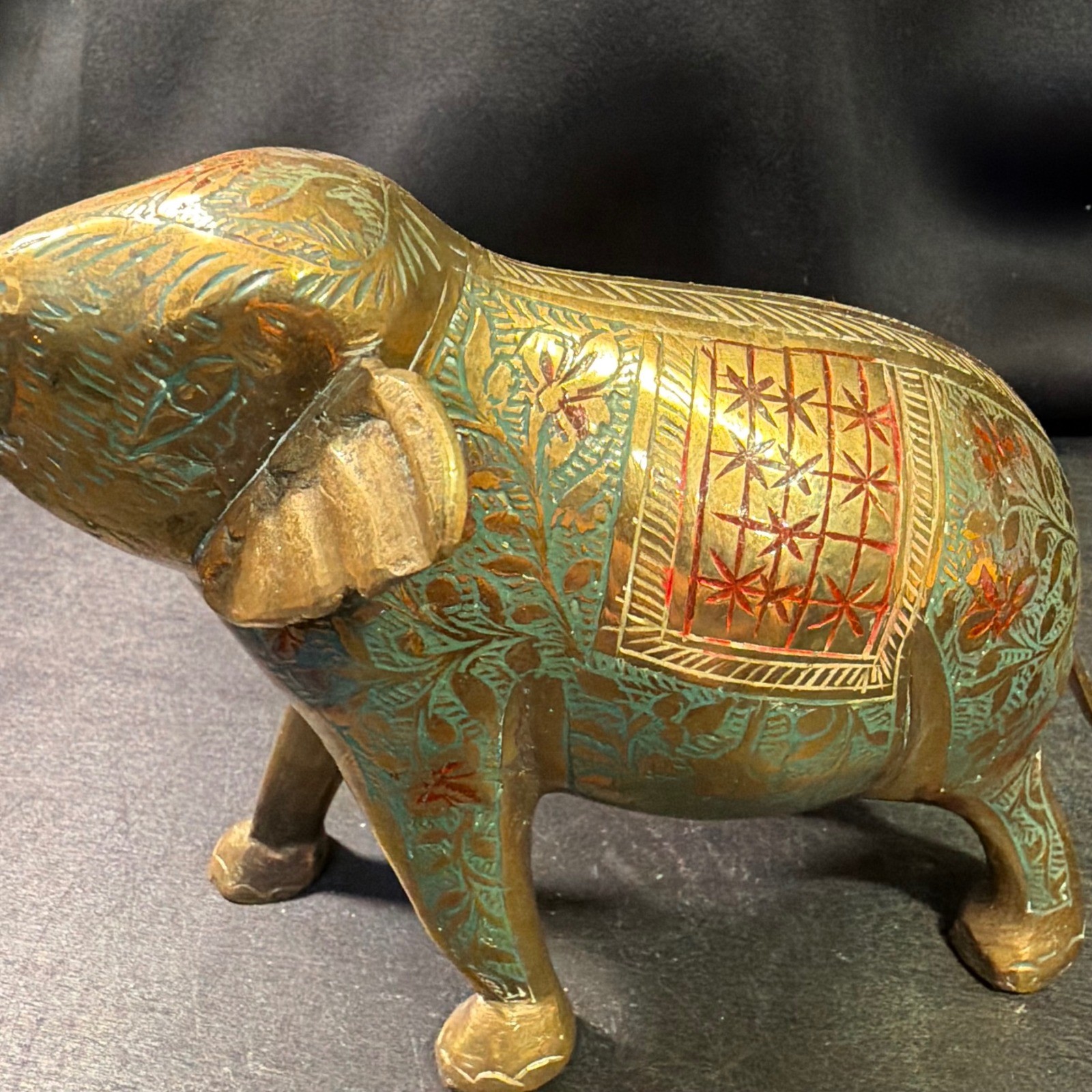 Vintage Etched Brass Elephant Figurine Enamel Inlay Trunk Up 6.5 Inch Decor