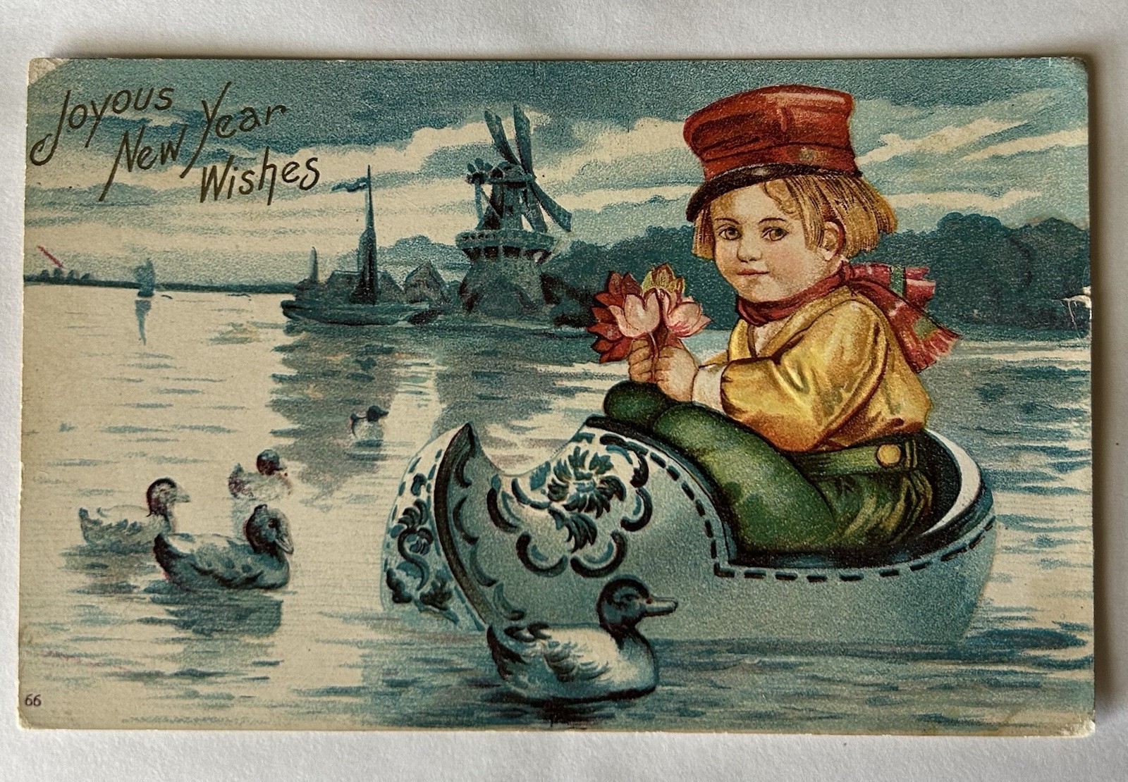 Vintage New Year Postcard Dutch Boy Floating in Wooden Shoe Antique Card PC10 Vintage New Year Postcard Dutch Boy Floating in Wooden Shoe Antique Card PC10