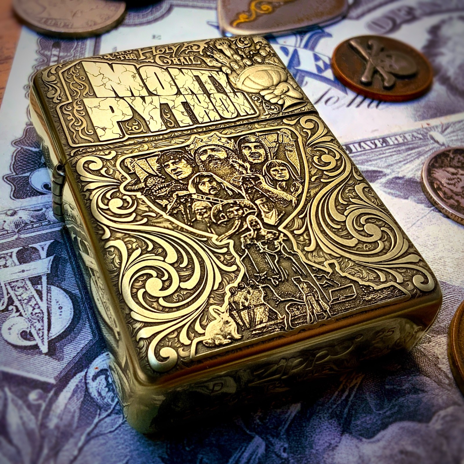 Zippo “Monty Python & the Holy Grail” Movie Themed Engraved Brass Armor Lighter