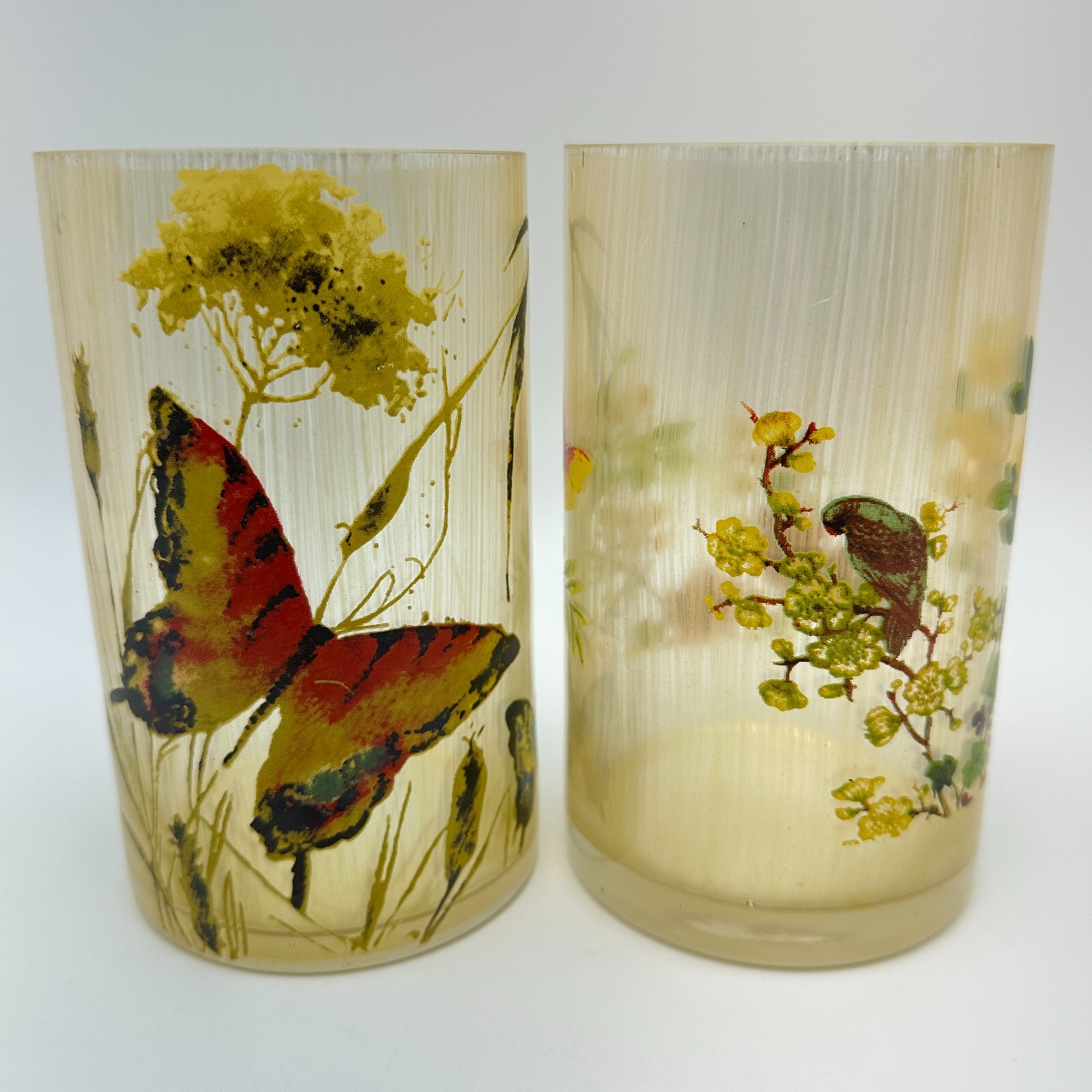 Vintage MCM Drinking Glasses Set Butterfly Floral Painted Tumblers 6in