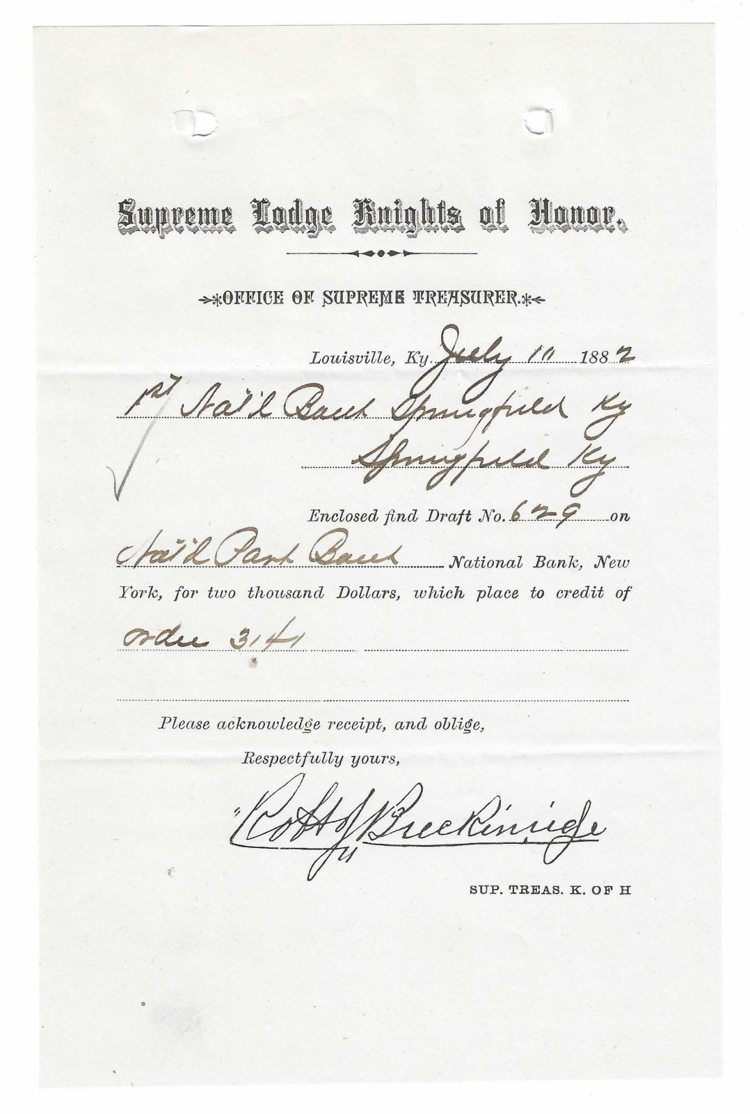 1882 Louisville KY ~ Supreme Lodge Knights Of Honor ~ Robert J. Breckinridge