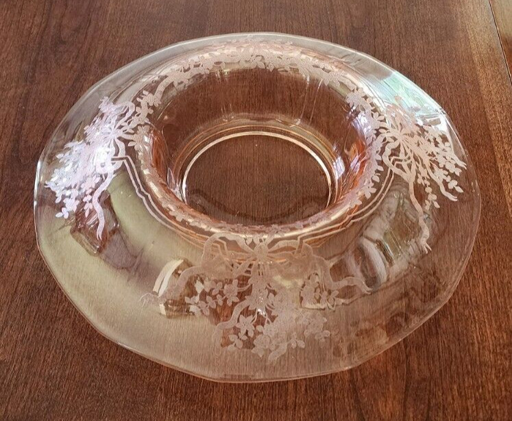 Vintage Glass Etched Pink Frosted Console Bowl 10
