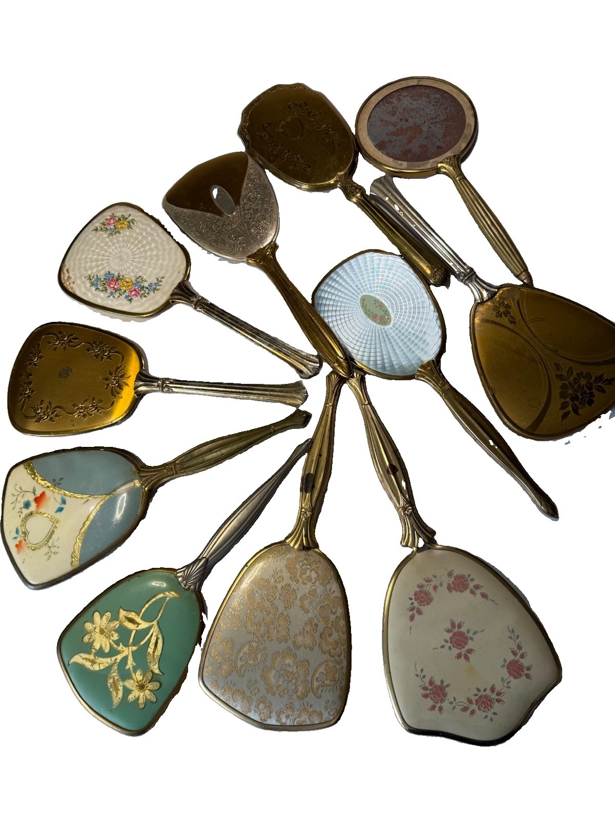 Vintage Vanity Hand Mirror Lot 11 Floral Guilloche Enamel Art Deco Gold Tone **