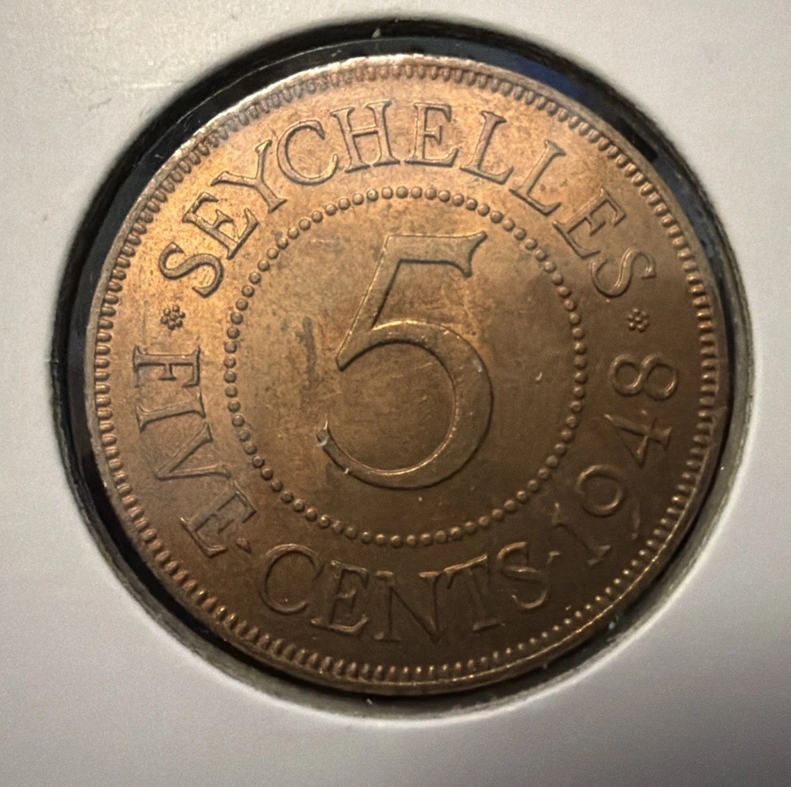 1948 Seychelles 5 Cents HIGH GRADE  Bronze Coin-28.4MM-GeorgeVI-MINTAGE=300,000