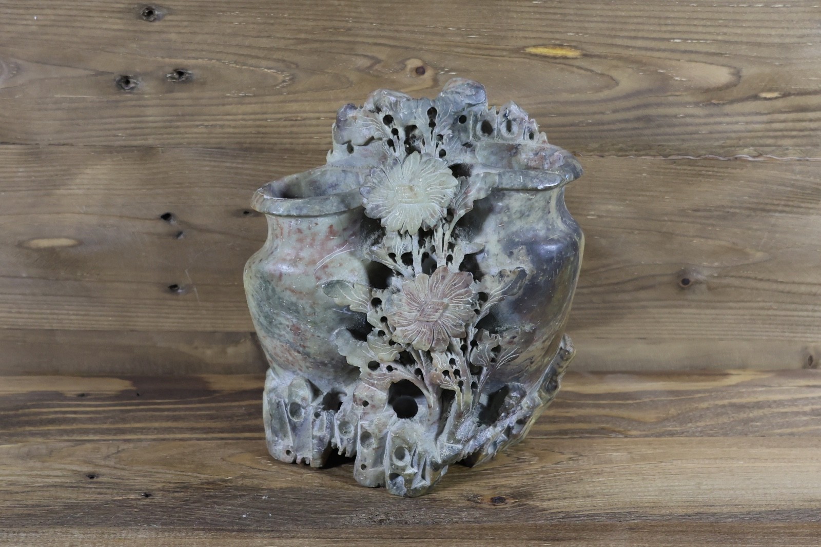 Vintage Chinese Carved Soapstone Double Vase With Flowers and Leaves 6. 5\